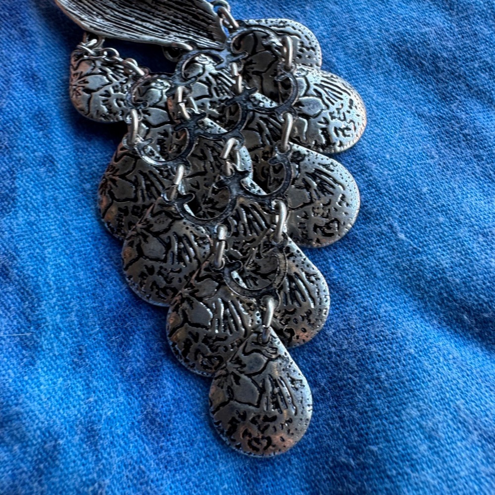 Vintage Peacock Statement Necklace Silver Green Blue Bird Articulated Dangle - Picture 3 of 12